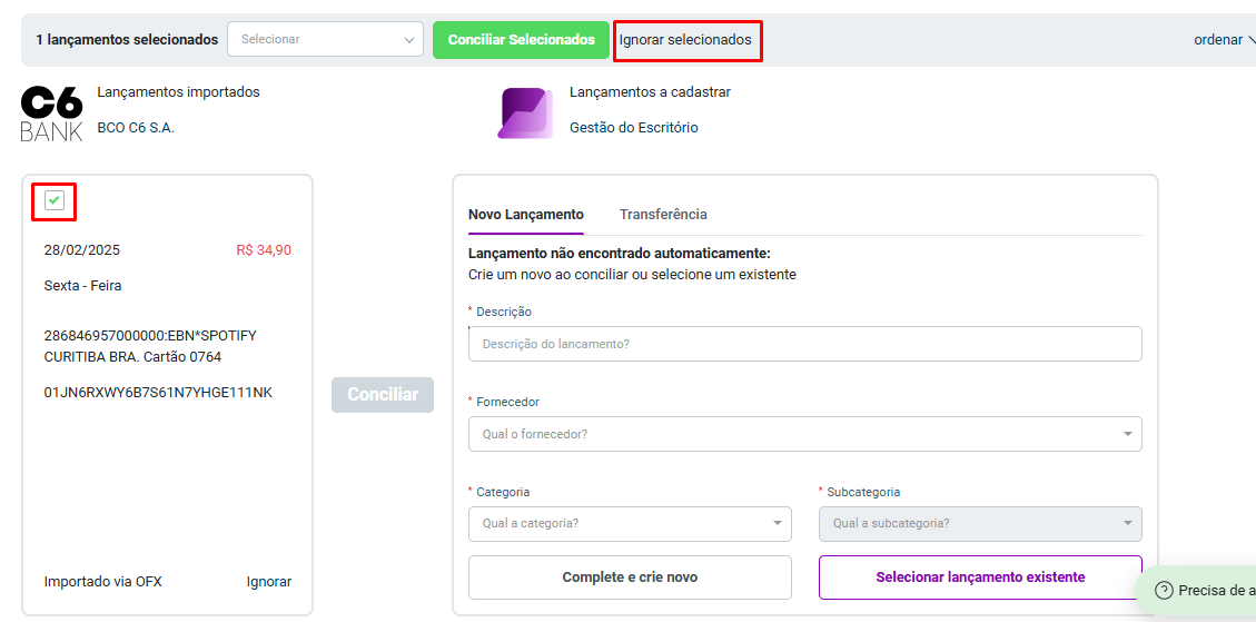 Aba Conciliação pendentes do sistema Gestão do Escritório. Exibe um lançamento importado referente ao C6 Bank e permite conciliar ou desvincular o lançamento destacando o botão Ignorar selecionados.