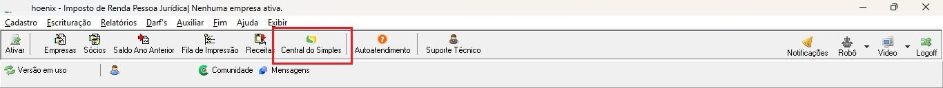 Menu superior do sistema JR. Destaca o botão Central do simples na segunda linha do menu, sendo o sétimo botão da esquerda para a direita.