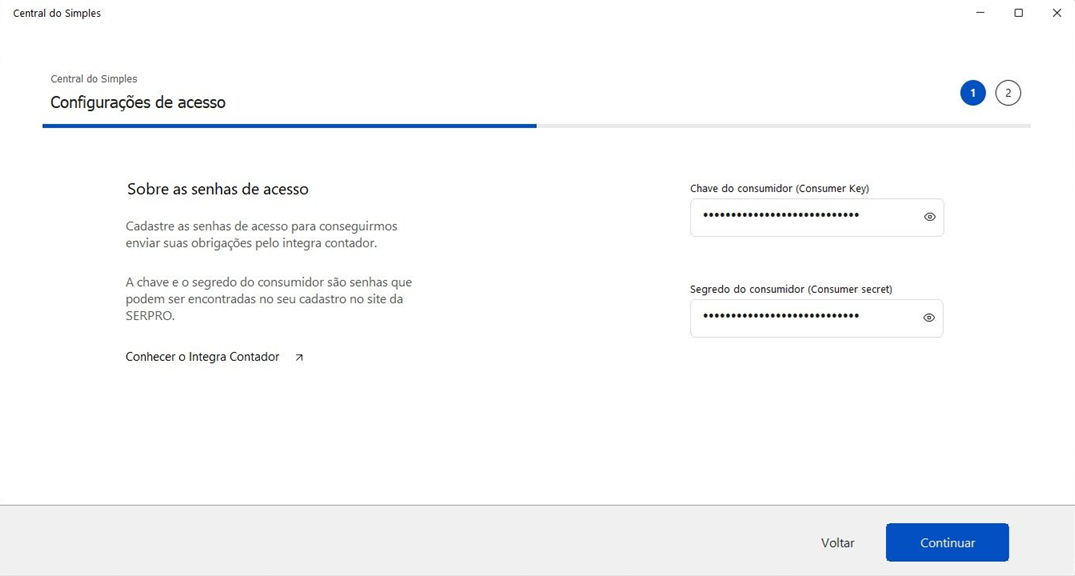 Tela de configuração de acesso do sistema JR. Possui os campos chave do consumidor (consumer key) e segredo do consumidor (consumer secret).