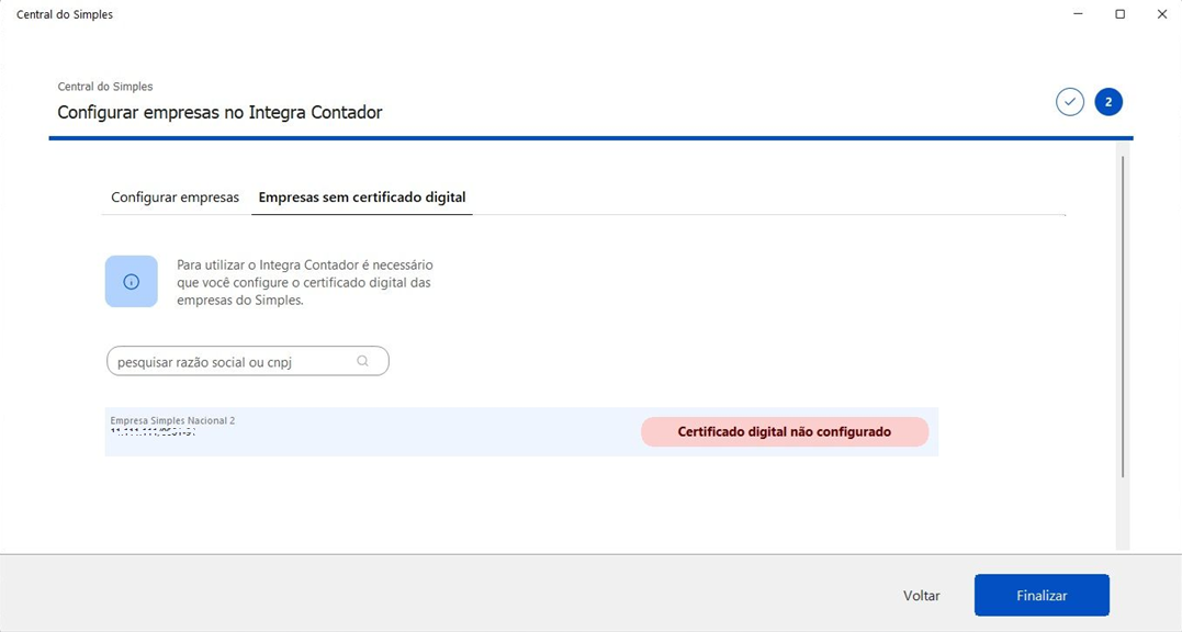 Tela de configuração de certificado do sistema JR. É possível pesquisar empresas pela razão social ou CNPJ.