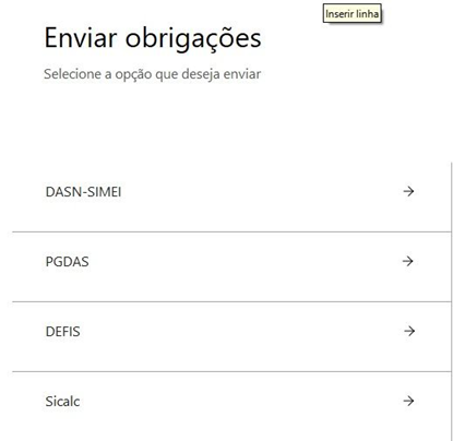 Menu Enviar obrigações exibindo as opções DASN-SIMEI, PGDAS, DEFIS e Sicalc.