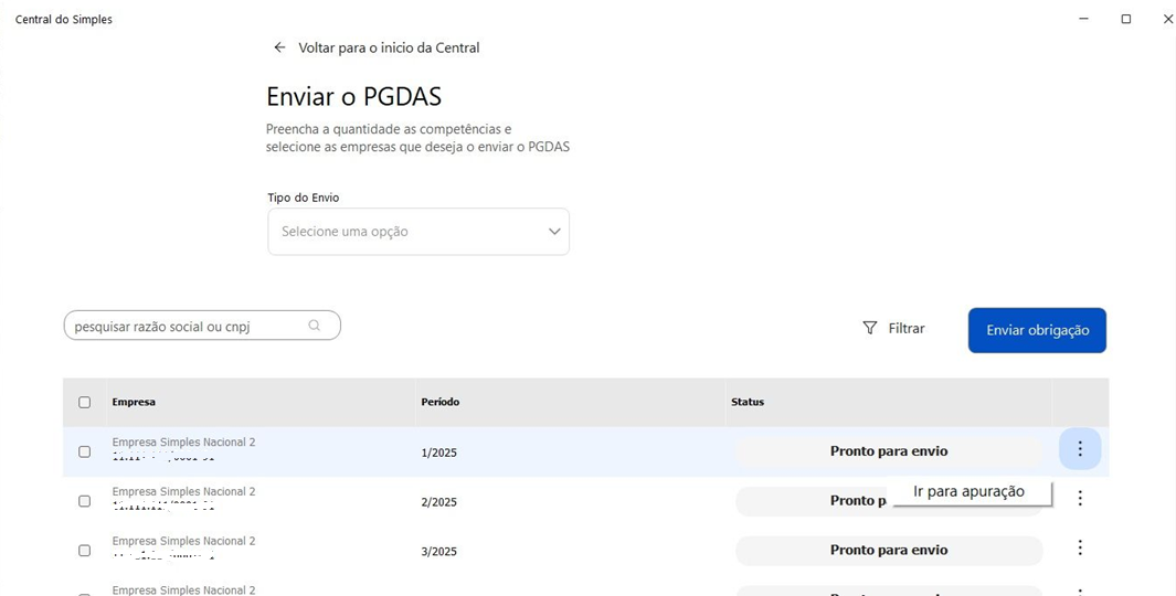 Lista de empresas do simples nacional cadastradas na base de dados do sistema JR. Exibe o botão Enviar obrigação e o menu Ir para apuração.