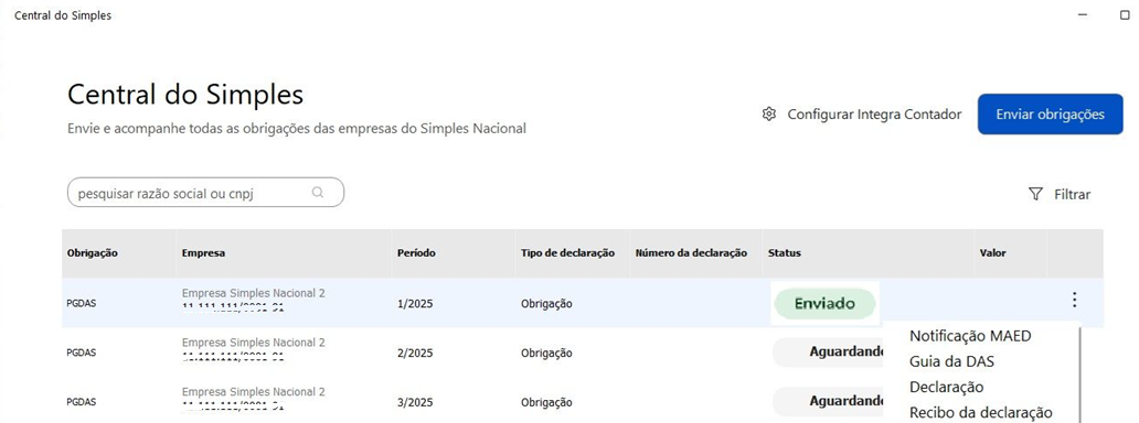 Lista de empresas do simples nacional cadastradas na base de dados do sistema JR. A a primeira empresa é exibida com status Enviado.