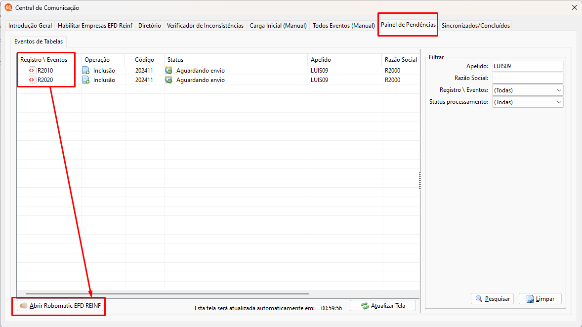 Tela de Central de comunicação do sistema G5. Destaca a aba Painel de pendências para enviar os registros automaticamente, conforme programação na tela de configurações.