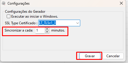Tela de configurações do sistema G5, exibe o período de sincronização do Robomatic.