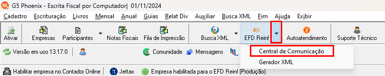 Menu superior do sistema G5. Destaca o botão EFD Reinf na segunda linha do menu, sendo o sétimo botão da esquerda para a direita.