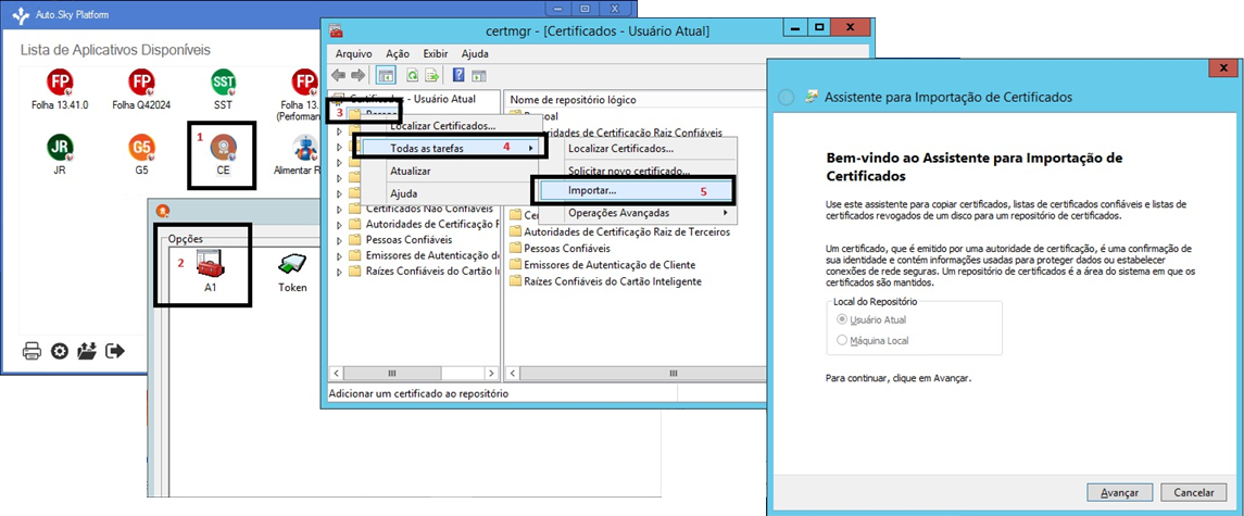 Tela de configuração de certificados da nuvem. Exibe os ícone CE e A1 e destaca o menu para importação do certificado e configuração no Assistente de importação.