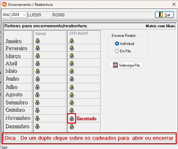 Tela de encerramentos e reaberturas de períodos do sistema G5.