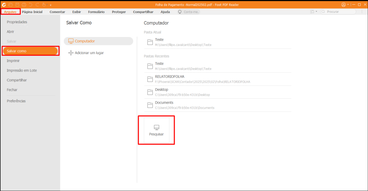 Tela do Foxit exibindo o menu Arquivos e destacando os botões Salvar como e Pesquisar.