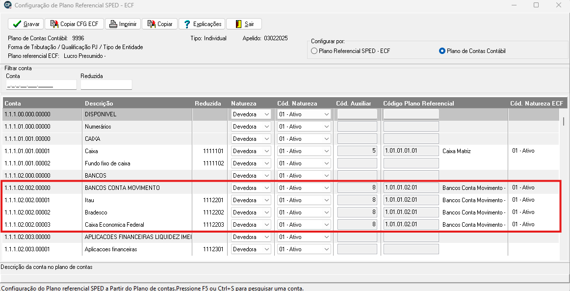 Tela de configuração do plano referencial da ECF. Destaca a alteração das contas bancárias ao vincular uma conta sintética globalmente.