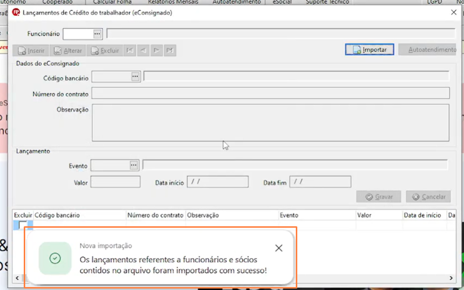 Tela de lançamentos de créditos do trabalhador (eConsignado). Exibe mensagem de sucesso na importação de funcionários e sócios.