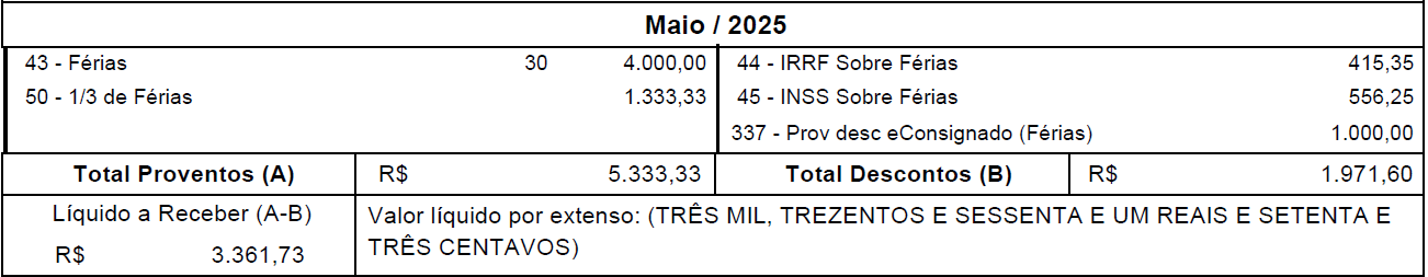 Folha de pagamento de um funcionário-exemplo demonstrando os proventos e descontos.