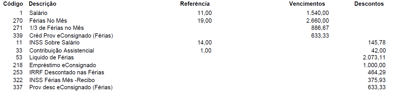 Folha de pagamento de um funcionário-exemplo demonstrando os proventos e descontos.