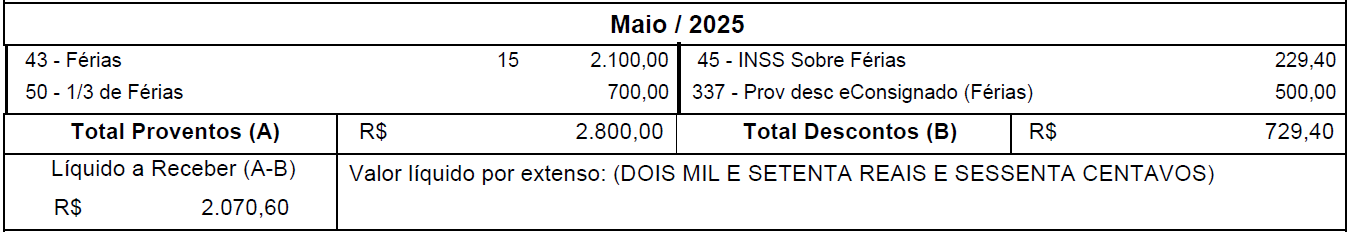 Folha de pagamento de um funcionário-exemplo demonstrando os proventos e descontos.