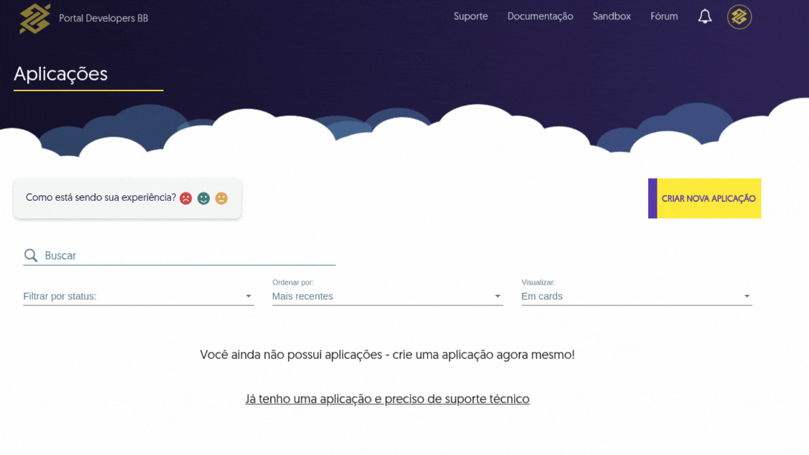 Tela de aplicações do Portal Developers do BB. Destaca um campo Busca e alguns filtros.