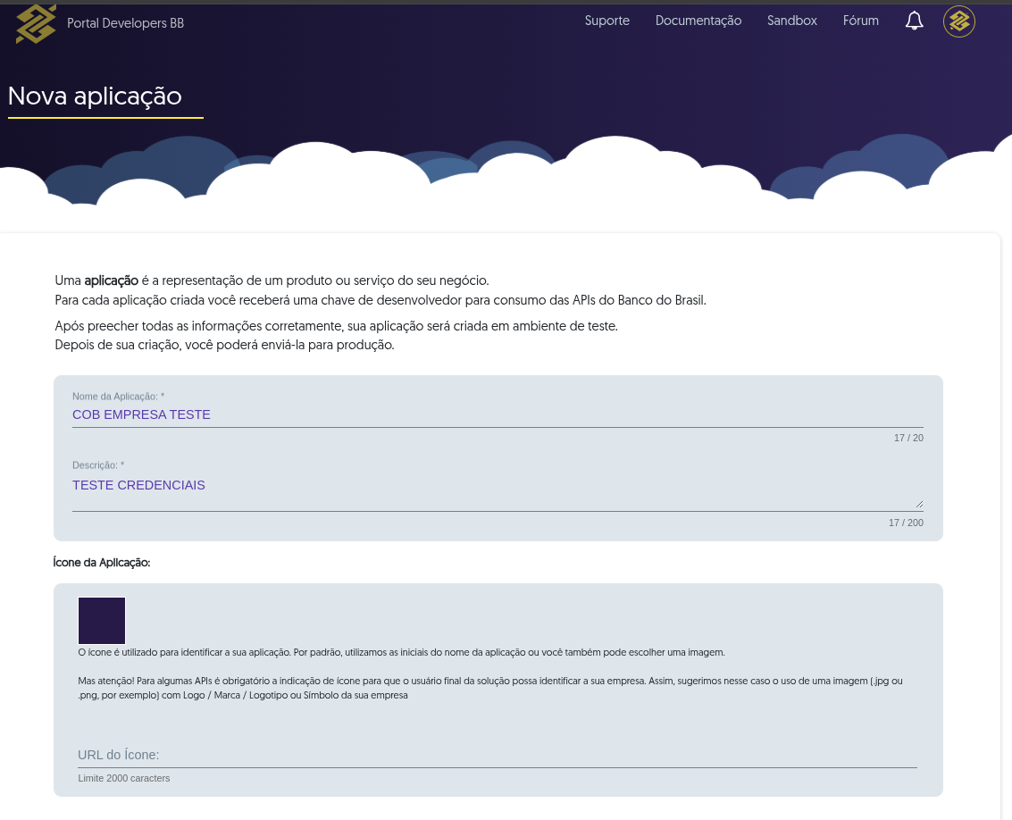 Tela de cadastro de nova aplicação no Portal Developers do BB.