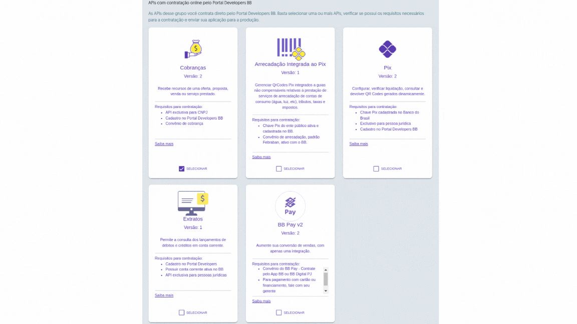 Menu de serviços disponíveis no Portal Developers do BB. Destaca-se o botão Cobranças.