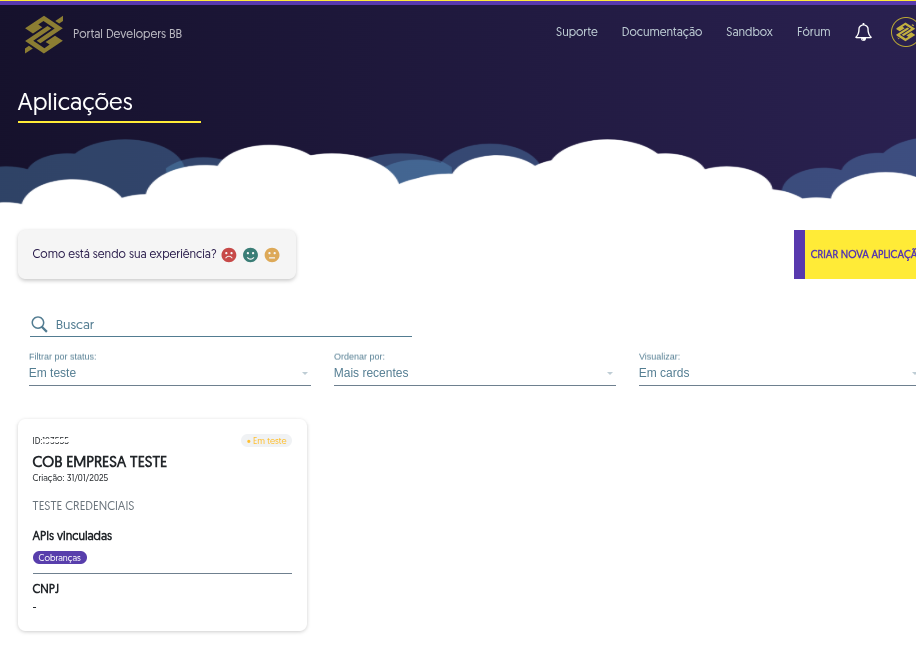 Tela de aplicações do Portal Developers do BB. Destaca a aplicação de teste recém cadastrada.