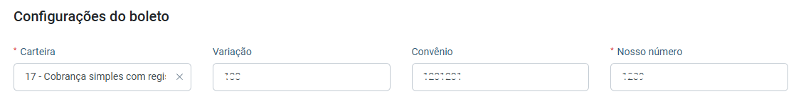 Local de configuração do boleto. É possível inserir informações nos campos Carteira, Variação, Convênio e Nosso número.