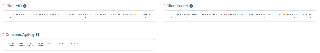 Exibe campos para inserção das credenciais ClienteID, ClientSecret e ConvenioApiKey.