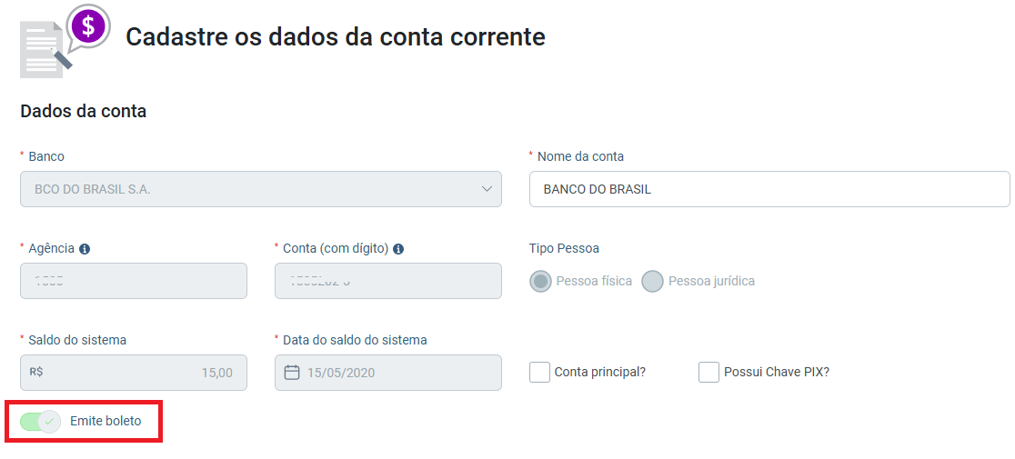 Tela de cadastro de dados da conta corrente no Gestão do Escritório. Exibe campos para inserir Banco, Nome da conta, Agência, Conta, Tipo pessoa, Saldo, etc.