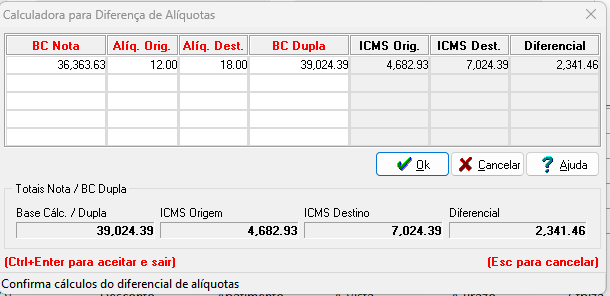 Calculadora de diferença de alíquotas do sistema G5. Exibe as colunas BC Nota, Alíq. Org., Alíq. Dest., BC Dupla, ICMS Orig., ICMS Dest. e Diferencial.