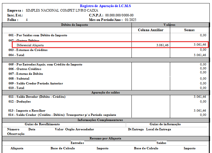 Relatório de registro de apuração de ICMS do sistema G5. Exibe o Diferencial de alíquota no identificador Débito do imposto.