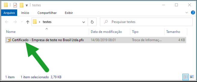 Captura de tela mostrando o arquivo do certificado digital A1 (.pfx) salvo em uma pasta do Windows.