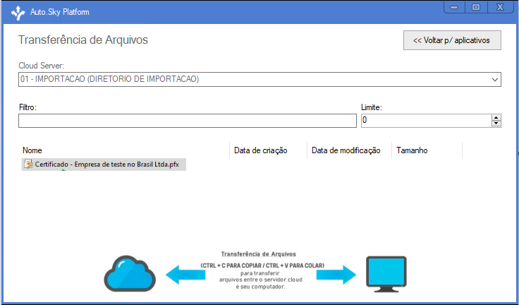 Captura de tela da janela 'Transferência de arquivos' no Auto.Sky Platform, exibindo o arquivo 'Certificado - Empresa de teste no Brasil Ltda.pfx' na lista de arquivos.