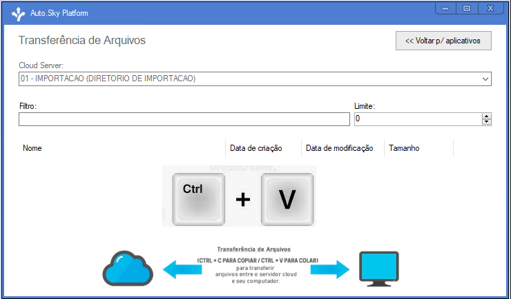 Captura de tela da janela 'Transferência de arquivos' do Auto.Sky Platform. A imagem destaca as teclas 'Ctrl' e 'V', indicando a funcionalidade de colar para transferência de arquivos entre o servidor em nuvem e o computador local, com ícones representando essa conexão.