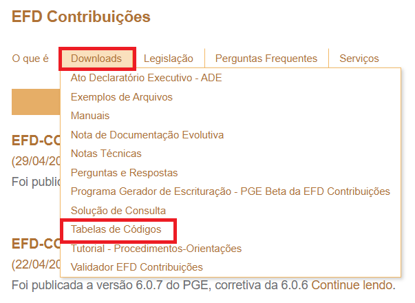 A imagem exibe uma seção da página 'EFD Contribuições', onde o menu 'Downloads' está expandido, destacando a opção 'Tabelas de códigos'.
