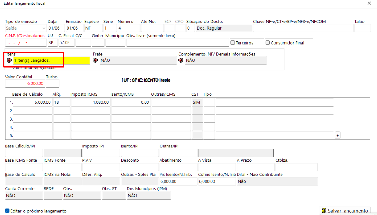A imagem exibe uma tela de software para 'Editar lançamento fiscal', com campos para dados do documento e a seção 'Itens' destacada, mostrando um item lançado com seus detalhes de cálculo de ICMS.