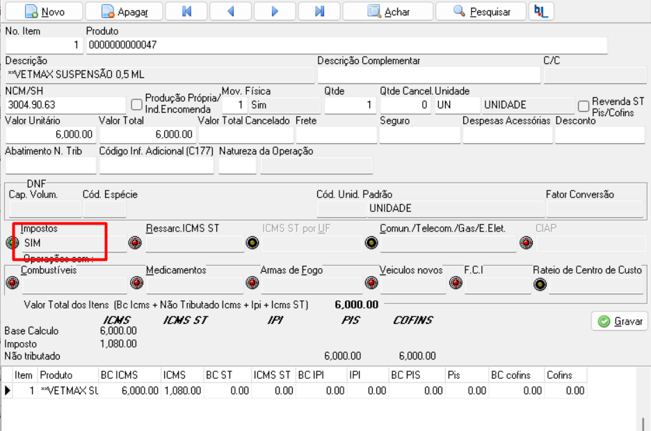 A imagem exibe uma tela de software detalhando informações de um produto, com a seção 'Impostos' destacada como 'Sim', mostrando a base de cálculo e o valor do imposto.