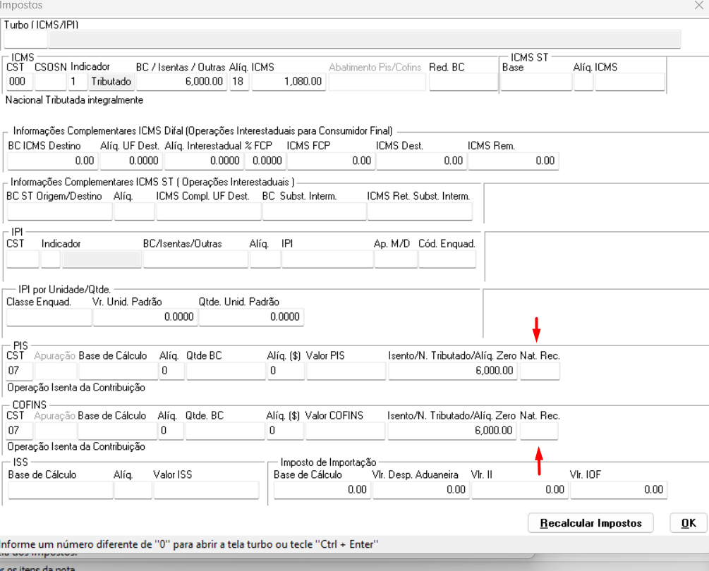 A imagem exibe uma janela de software para 'Impostos', detalhando cálculos de ICMS tributado, IPI, PIS e COFINS, com os valores isentos de PIS e COFINS em destaque.