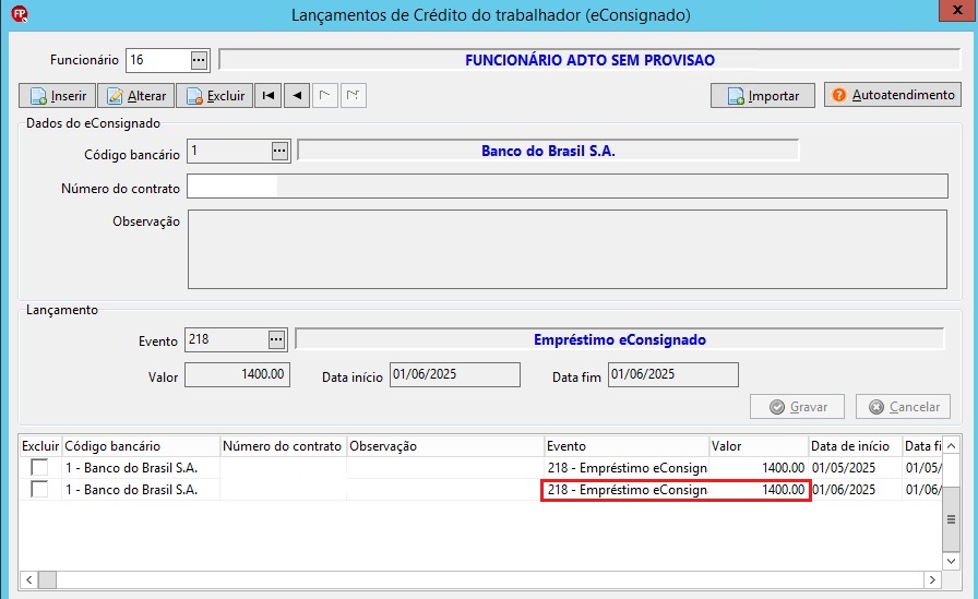 Tela de lançamentos de crédito do trabalhador (eConsignado), com destaque para o evento '218 - Empréstimo eConsignado' e valor de R$ 1.400,00, com data de início e fim em 01/06/2025.