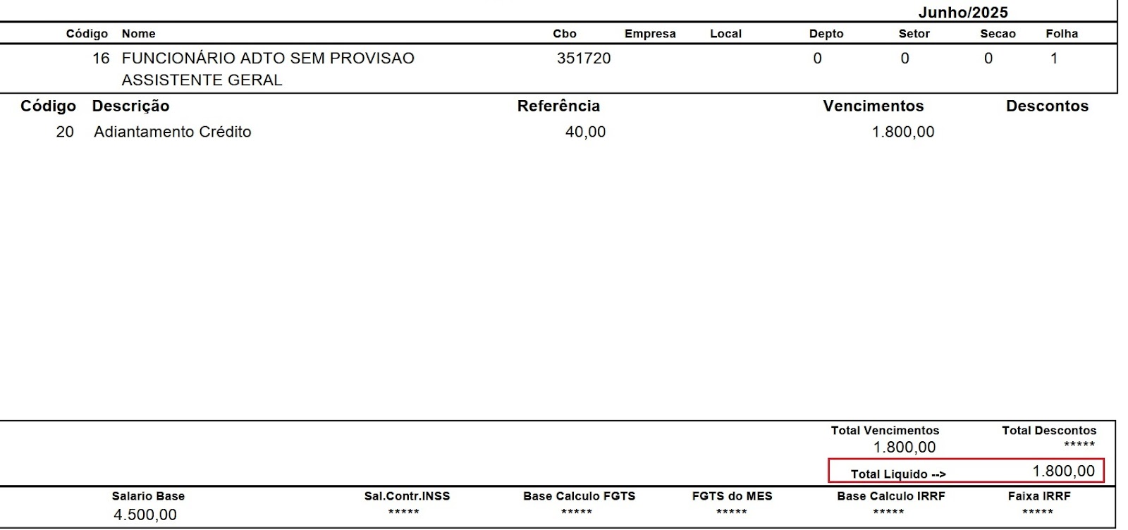 Demonstração de cálculo da folha de pagamento de junho de 2025, destacando o valor de 'Adiantamento crédito' de R$1.800,00 na seção de vencimentos.