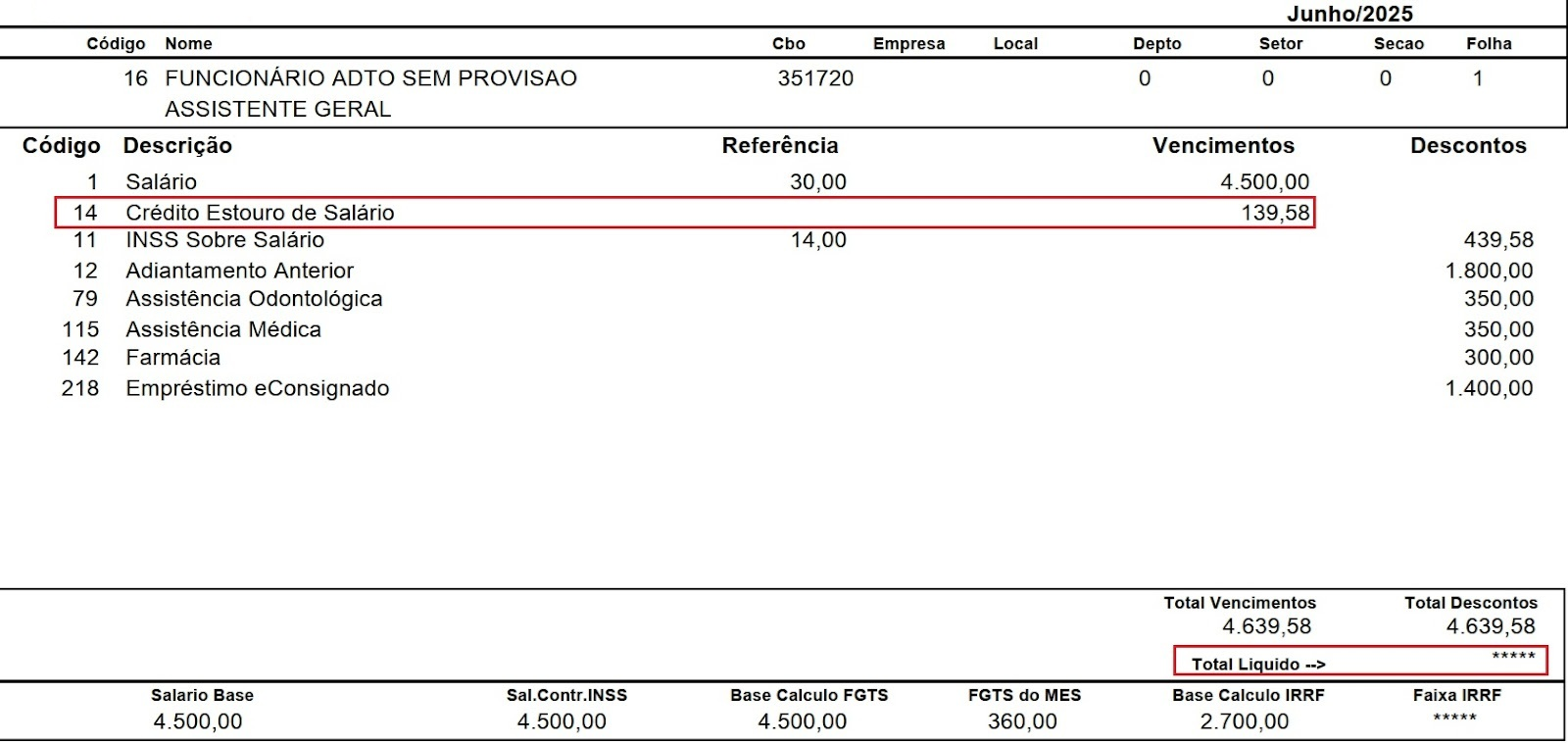 Demonstração de cálculo da folha de pagamento de junho de 2025, evidenciando o valor de 'Crédito estorno de salário' de R$ 139,58, com os vencimentos e descontos totalizando R$ 4.639,58.