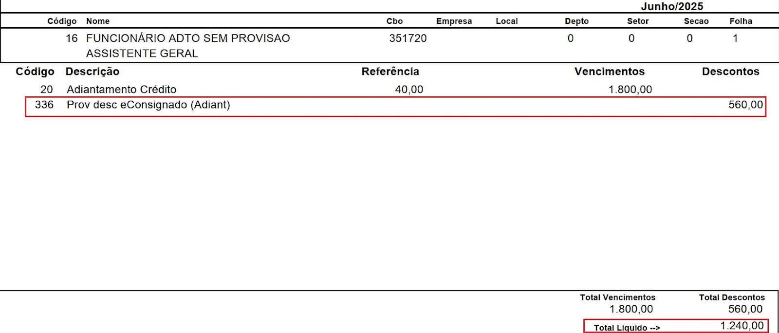 Demonstração de cálculo da folha de pagamento de junho de 2025, destacando a 'Prov. desc. eConsignado (adiant.)' de R$ 560,00 eo total líquido de R$ 1.240,00.