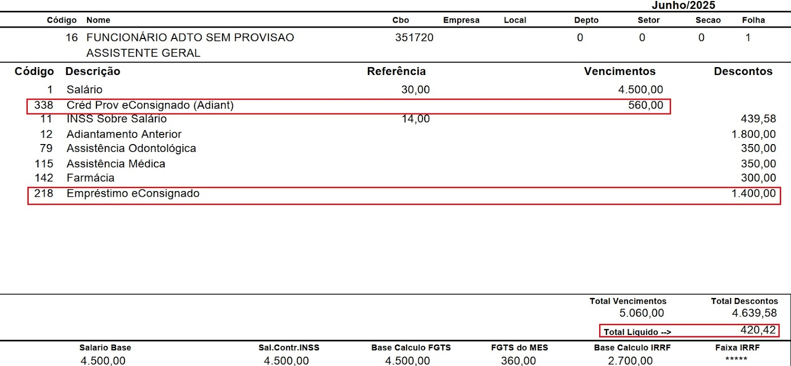 Demonstração de cálculo da folha de pagamento de junho de 2025, realçando o 'Cred. prov. eConsignado (adiant.)' de R$ 560,00 e o total líquido de R$ 420,42.