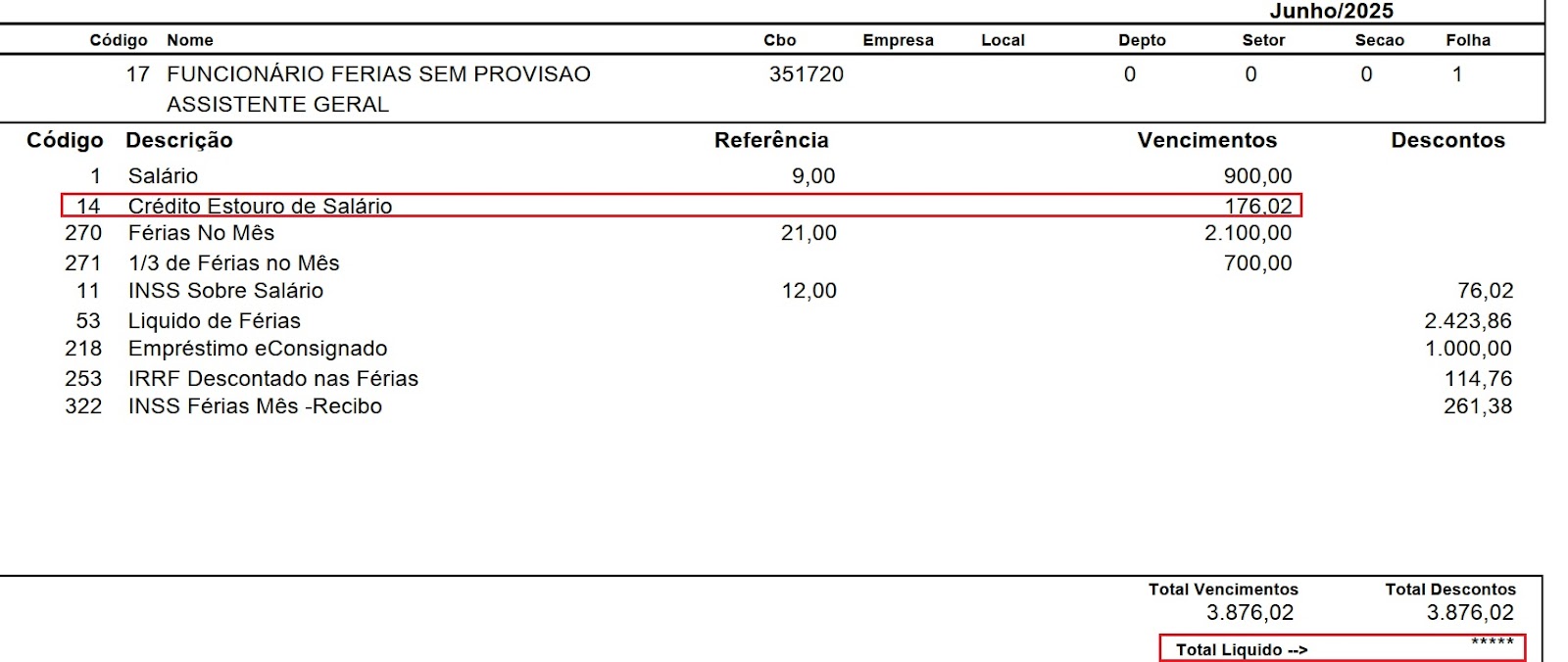 Demonstração de cálculo da folha de pagamento de junho de 2025, destacando o 'Crédito estouro de salário' no valor de R$ 176,02, com vencimentos e descontos totalizando R$ 3.876,02.