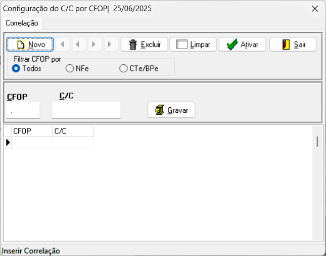 Tela 'Configuração do C/C por CFOP' com os campos 'CFOP' e 'C/C' para inclusão e a opção 'Novo' destacada, permitindo a correlação entre CFOPs e C/C.