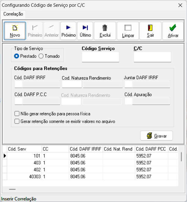 'Configurando Código de serviço por C/C' com os campos 'Código serviço' e 'C/C' para inclusão e a opção 'Novo' destacada, permitindo a correlação entre códigos de serviço e C/C.