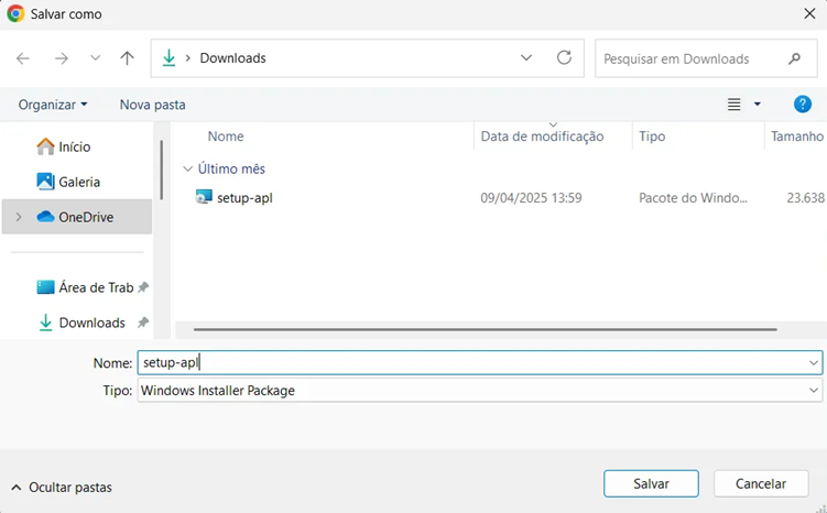 Janela 'Salvar como' do explorador de arquivos para salvar o instalador 'setup-api', do tipo 'Windows Installer Package', na pasta 'Downloads'.