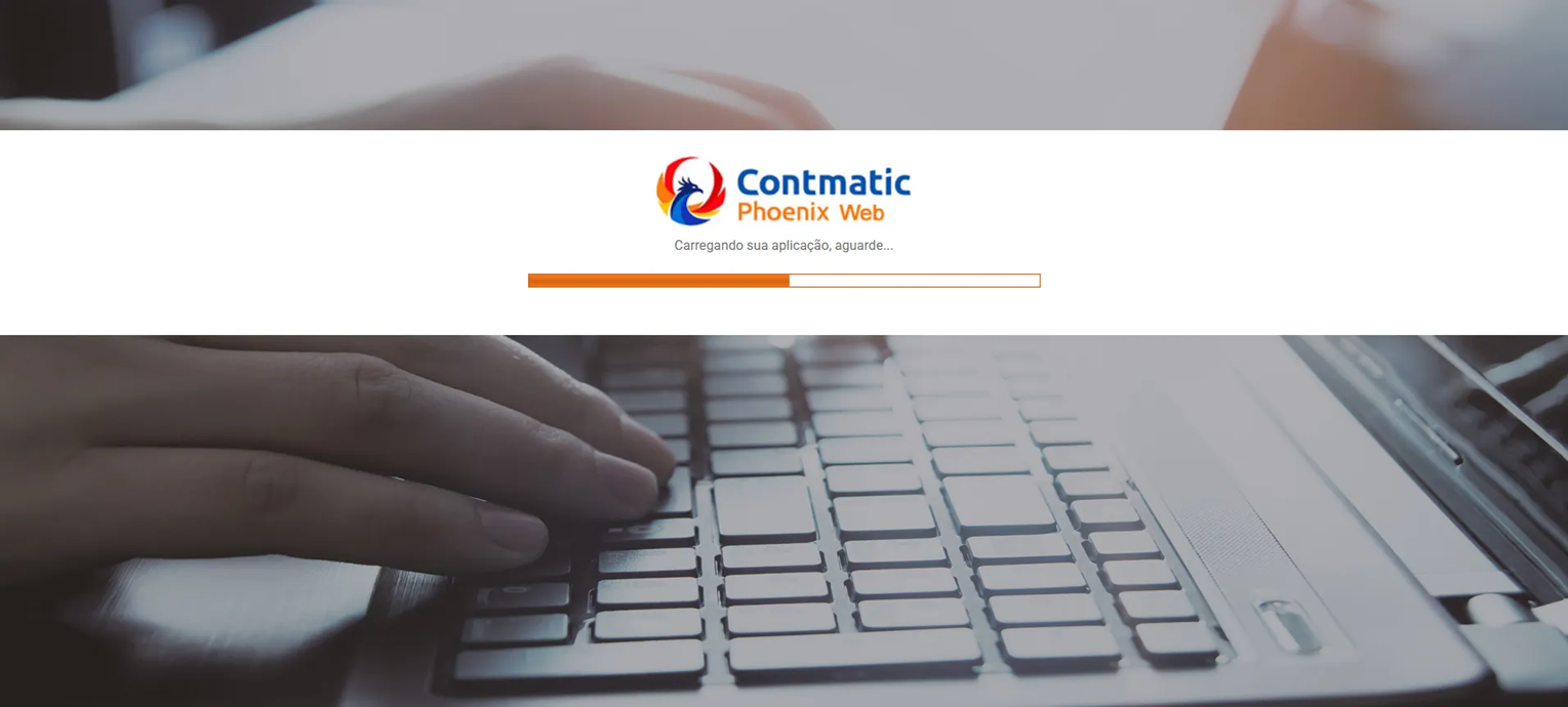 Tela de carregamento do sistema Contmatic Web, exibindo a barra de progresso com a mensagem 'Carregando sua aplicação, aguarde...'.