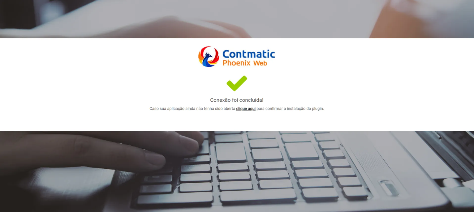 Tela de conexão concluída do sistema Contmatic Web, exibindo um ícone de 'check' verde e a mensagem 'Conexão foi concluída!'.