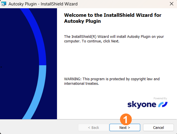 Tela de boas-vindas do 'InstallShield Wizard' para o 'Autosky Plugin', com a opção 'Next' destacada.