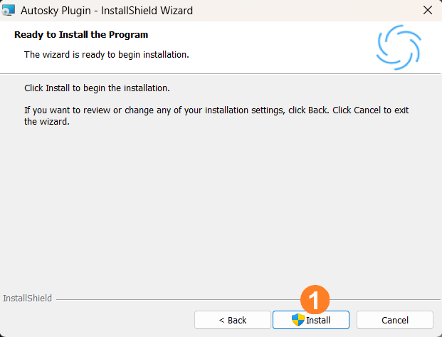 Tela 'Ready to Install the Program' do 'Autosky Plugin - InstallShield Wizard', exibindo o botão 'Install' destacado para iniciar a instalação.
