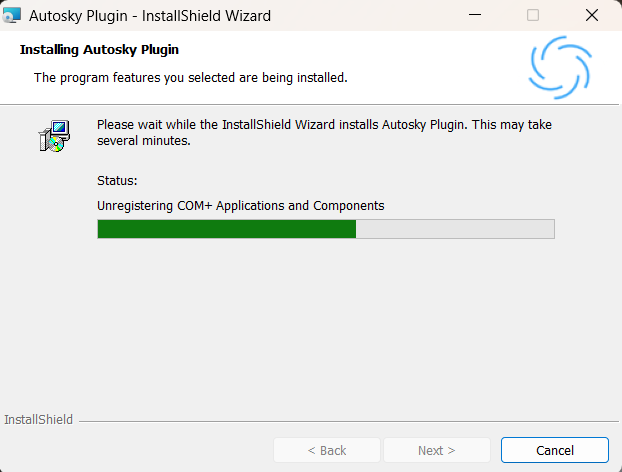 Tela de instalação do 'Autosky Plugin - InstallShield Wizard', exibindo a barra de progresso com a mensagem 'Unregistering COM+ Applications and Components'.