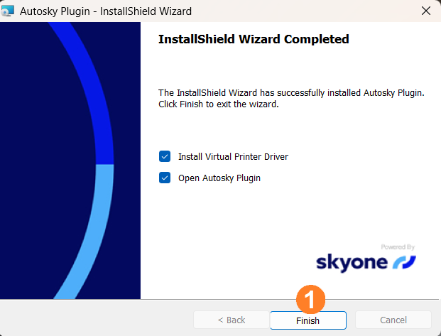 Tela 'InstallShield Wizard Completed' do Autosky Plugin, indicando a conclusão da instalação com as opções 'Install Virtual Printer Driver' e 'Open Autosky Plugin' selecionadas e o botão 'Finish' destacado.