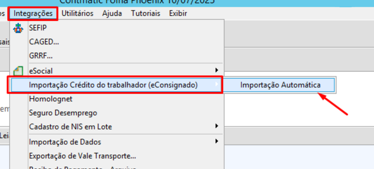 Menu do sistema com as opções 'Integrações', 'Importação crédito do trabalhador (eConsignado)' e 'Importação automática' realçadas, ilustrando o caminho para acessar a funcionalidade de importação automática de crédito de eConsignado.